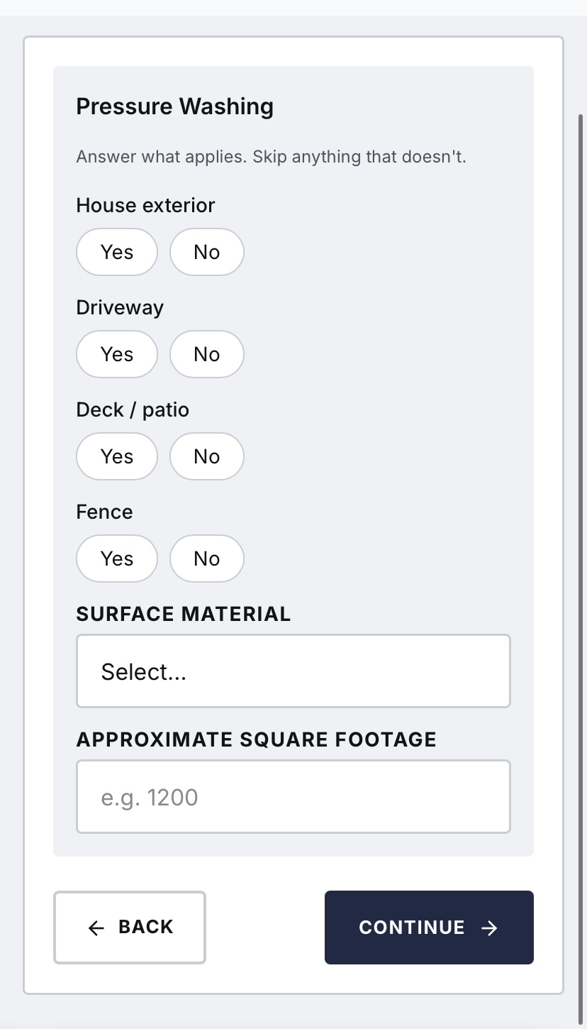 Estiqo request form on a phone showing pressure washing job details such as surfaces and square footage.