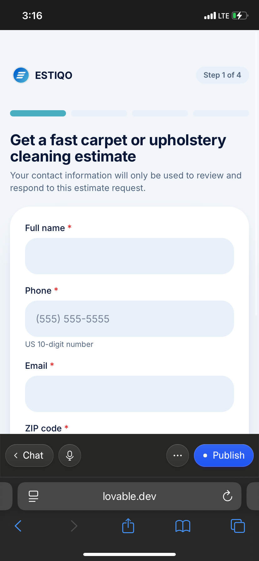 The same quote-request flow on a phone using Estiqo's own branding.