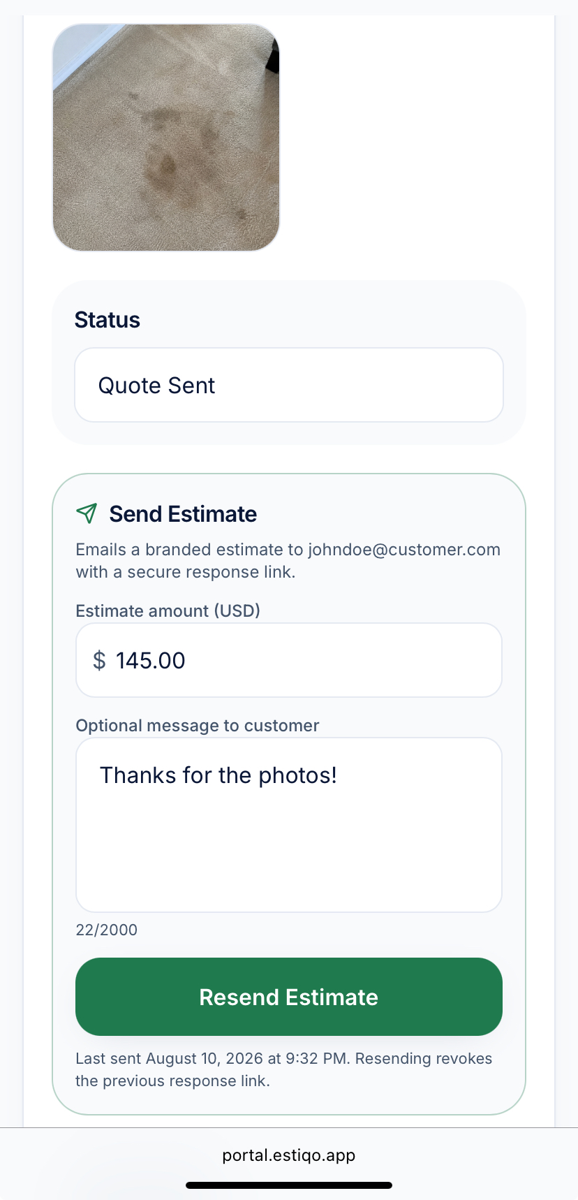 Estiqo owner view on a phone showing the Send Estimate panel with a $145 estimate and a short message to the customer.