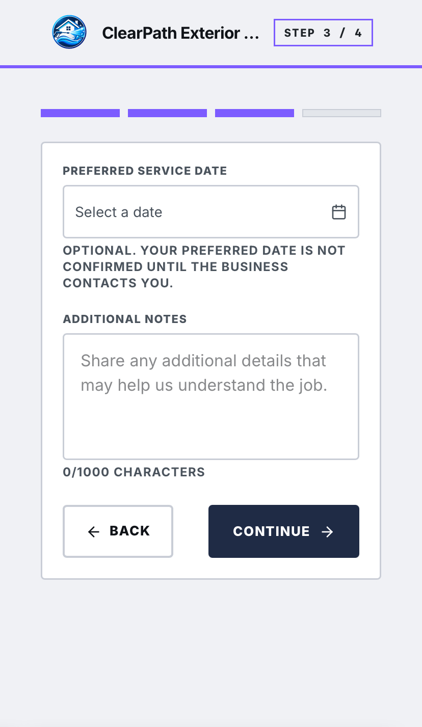 Step three of four in the Estiqo request form on a phone, with a preferred service date and additional notes.
