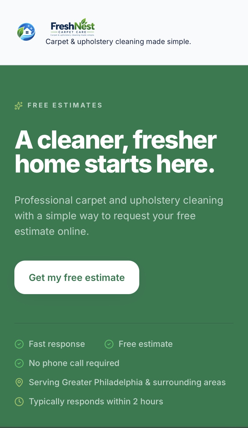 A quote-request page on a phone configured for an example business named FreshNest, using its own name and green color scheme.
